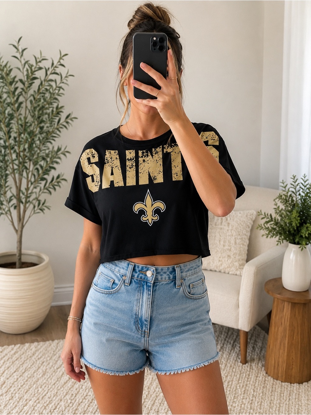 NFL Team Apparel New Orleans Saints Cropped T-Shirt Black Gold Size Small